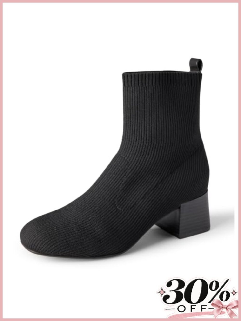 Women's Knit Stretch Block Heel Ankle Boots Round Toe Slip-On Comfort